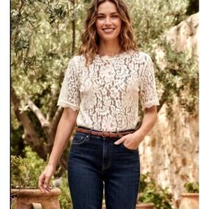 Anthropologie VANESSA VIRGINIA Elysian Ivory Lace Short Sleeved Top Small